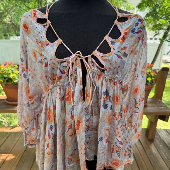 Free People Tops - Free People FP One Floral Bird Print Gauze Blouse XS Orange Blue Cold Shoulder